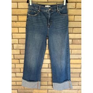 LOFT The Wide Leg Crop Blue Rhinestone Cuff Denim Jeans Size 4 / 27